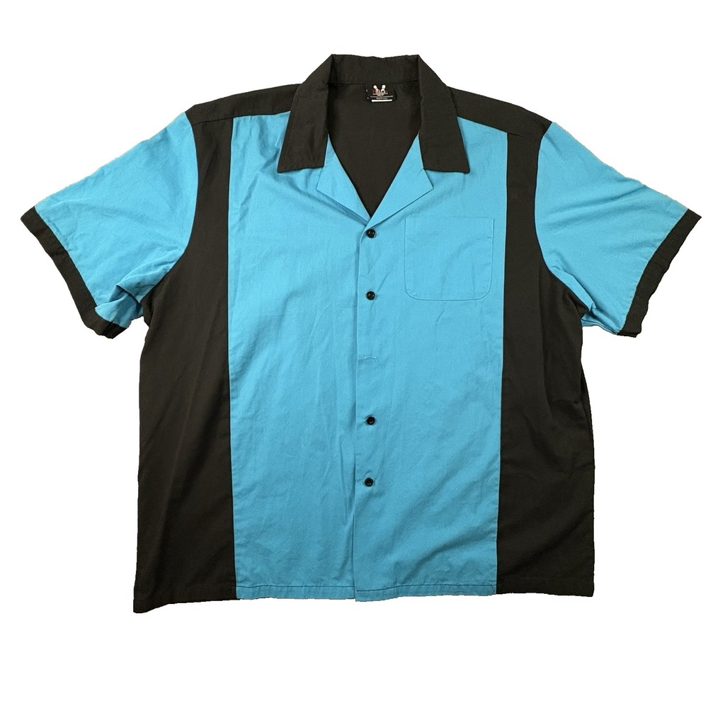 Hilton Men's XL Blue Black Retro Bowling SS Shirt Rockabilly Camp Button Up